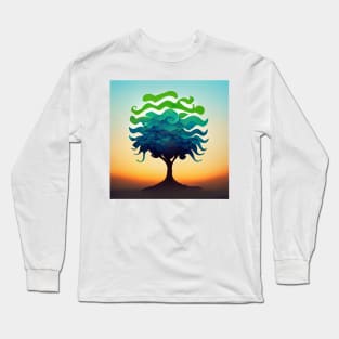 Solitary stylized tree at sunset with green and blue leaves. Long Sleeve T-Shirt